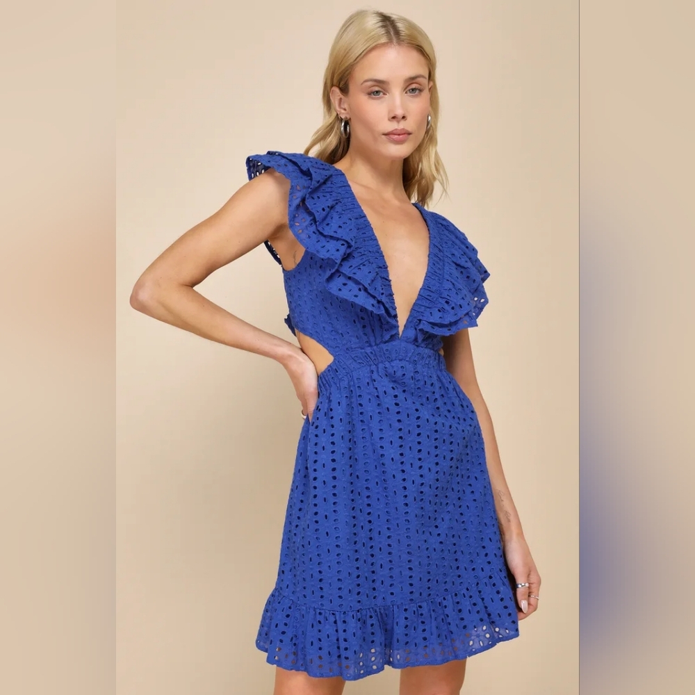Lulu's Blissful Sunshine Royal Blue Eyelet Backless Mini Dress